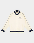 Kaleb A. Bearden Home Blues Track Jacket showing navy blue fabric with white stripe details and front zipper closure.