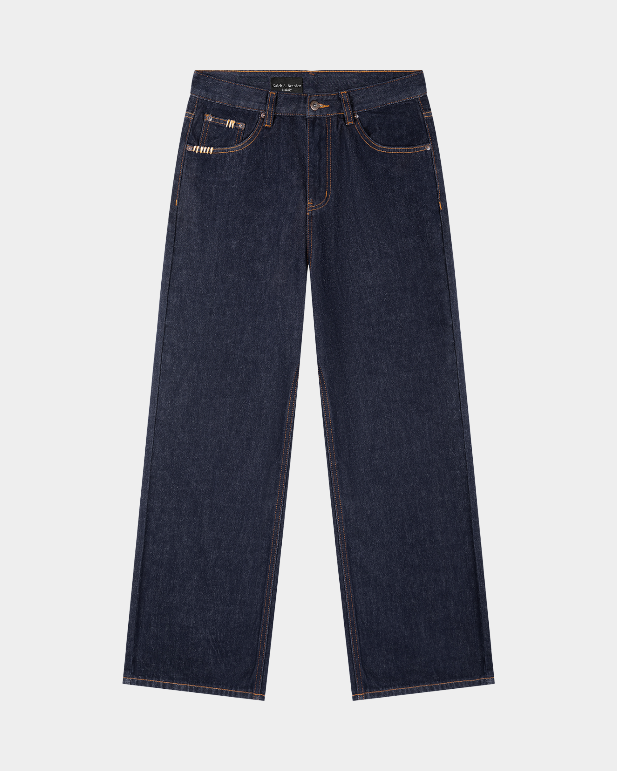 Kaleb A. Bearden heavyweight straight-leg jeans, denim fabric with classic fit and sturdy stitching, displayed on a plain background.