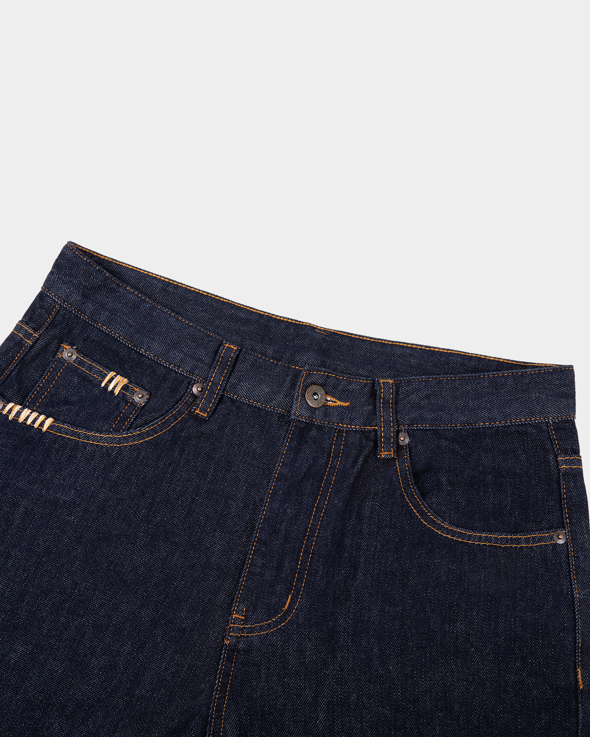 Kaleb A. Bearden heavyweight straight-leg jeans displayed hanging, showcasing durable denim and classic fit.