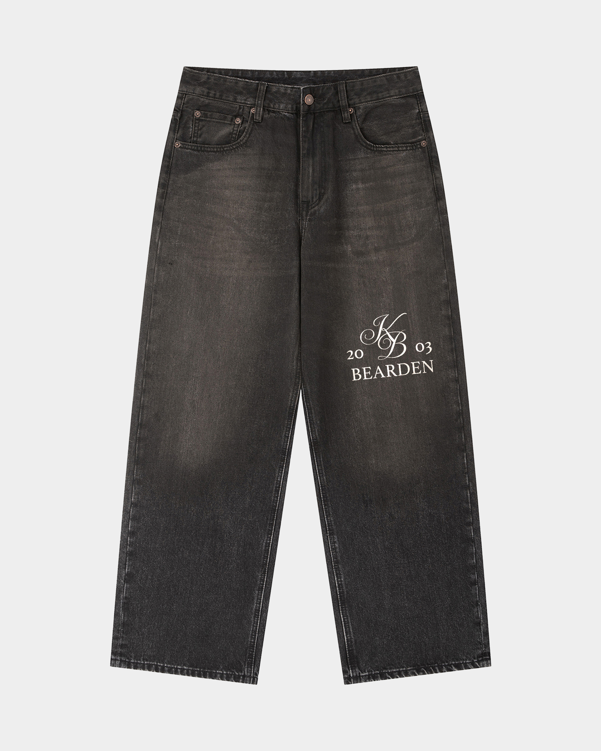 Kaleb A. Bearden washed denim pants with a relaxed fit, featuring classic blue color and casual style, displayed on a model.