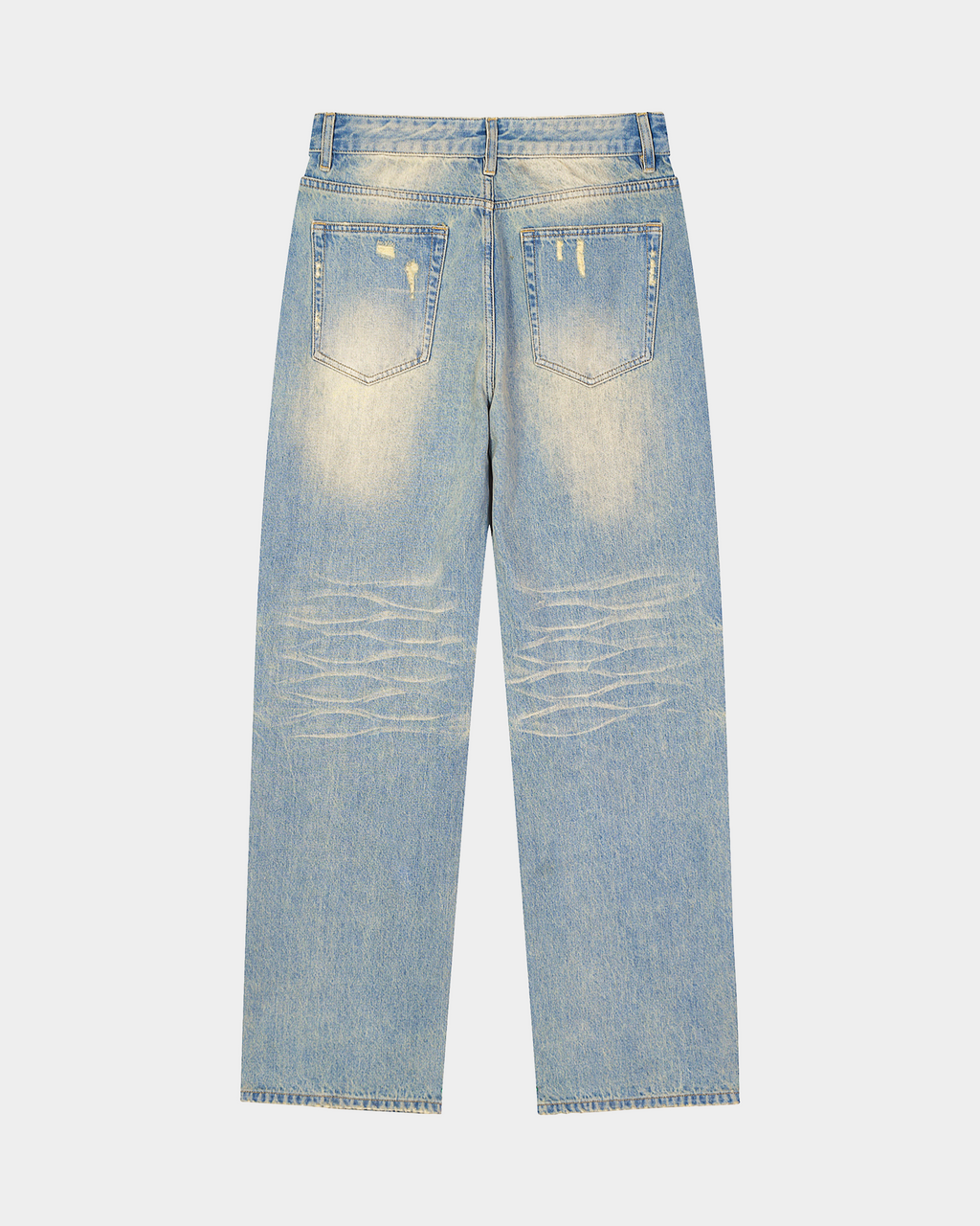 Sun-faded denim pants by Kaleb A. Bearden featuring a relaxed fit and distressed details on a casual style.