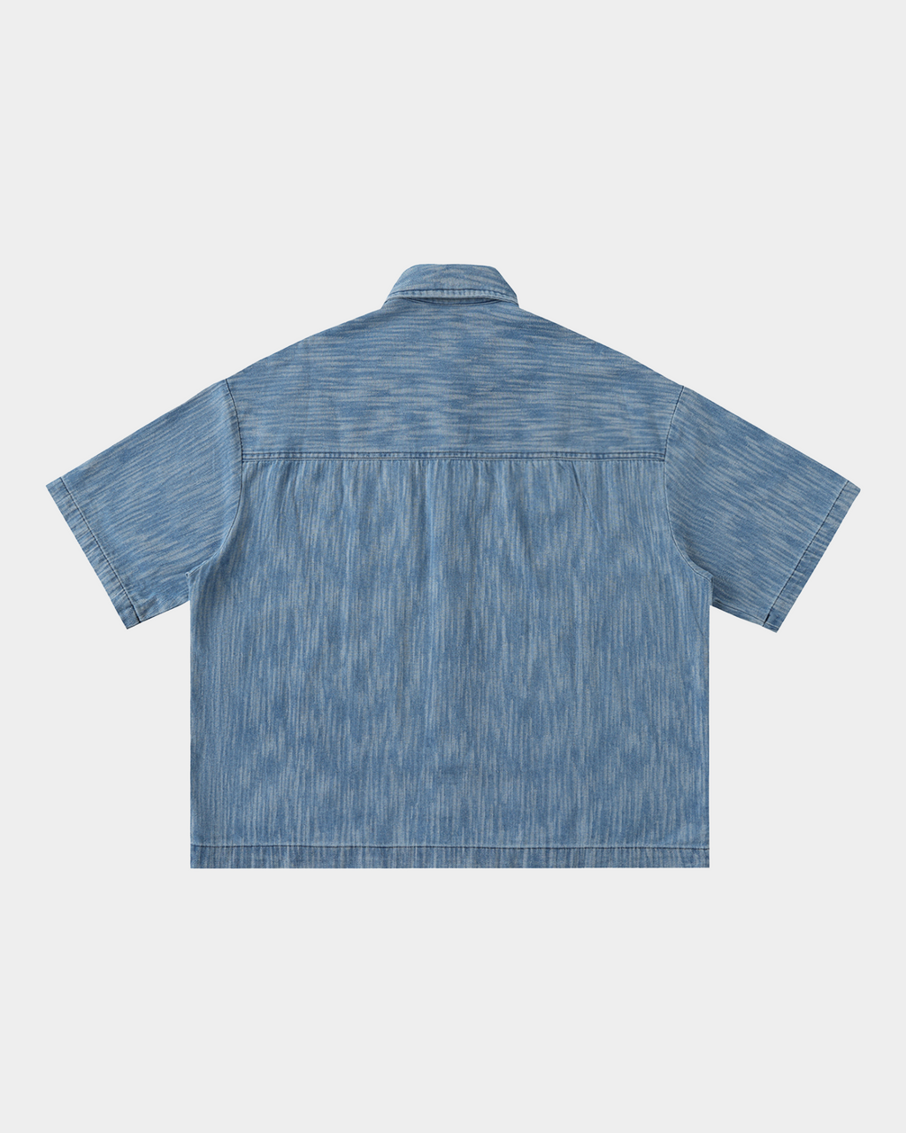 Kaleb A. Bearden washed denim panel shirt with contrasting fabric panels and button closure, casual style for men.