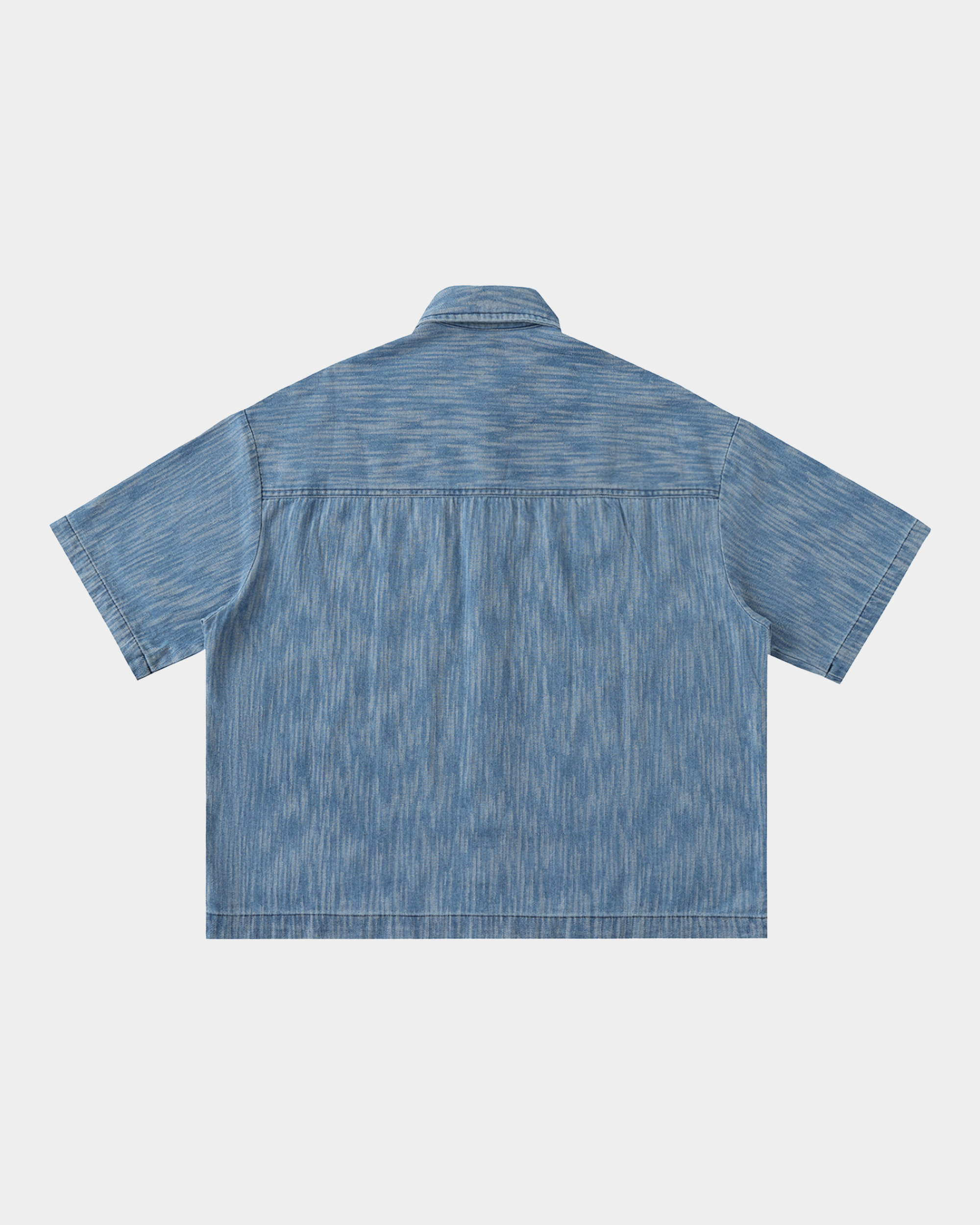 Kaleb A. Bearden washed denim panel shirt with contrasting fabric panels and button closure, casual style for men.