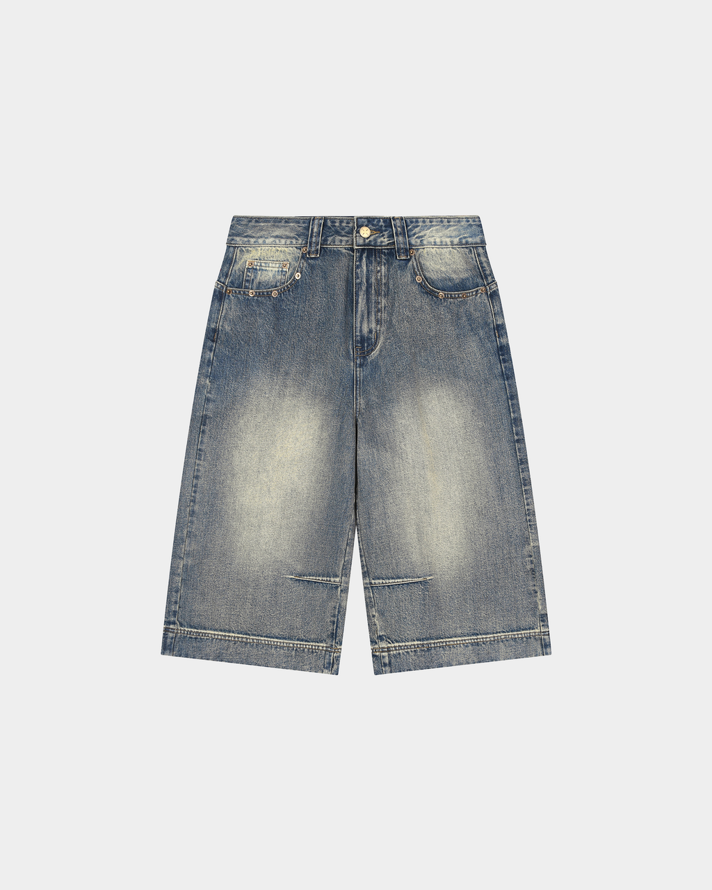 KAB Washed Denim Shorts by Kaleb A. Bearden, featuring distressed denim with a casual fit and rolled cuffs.