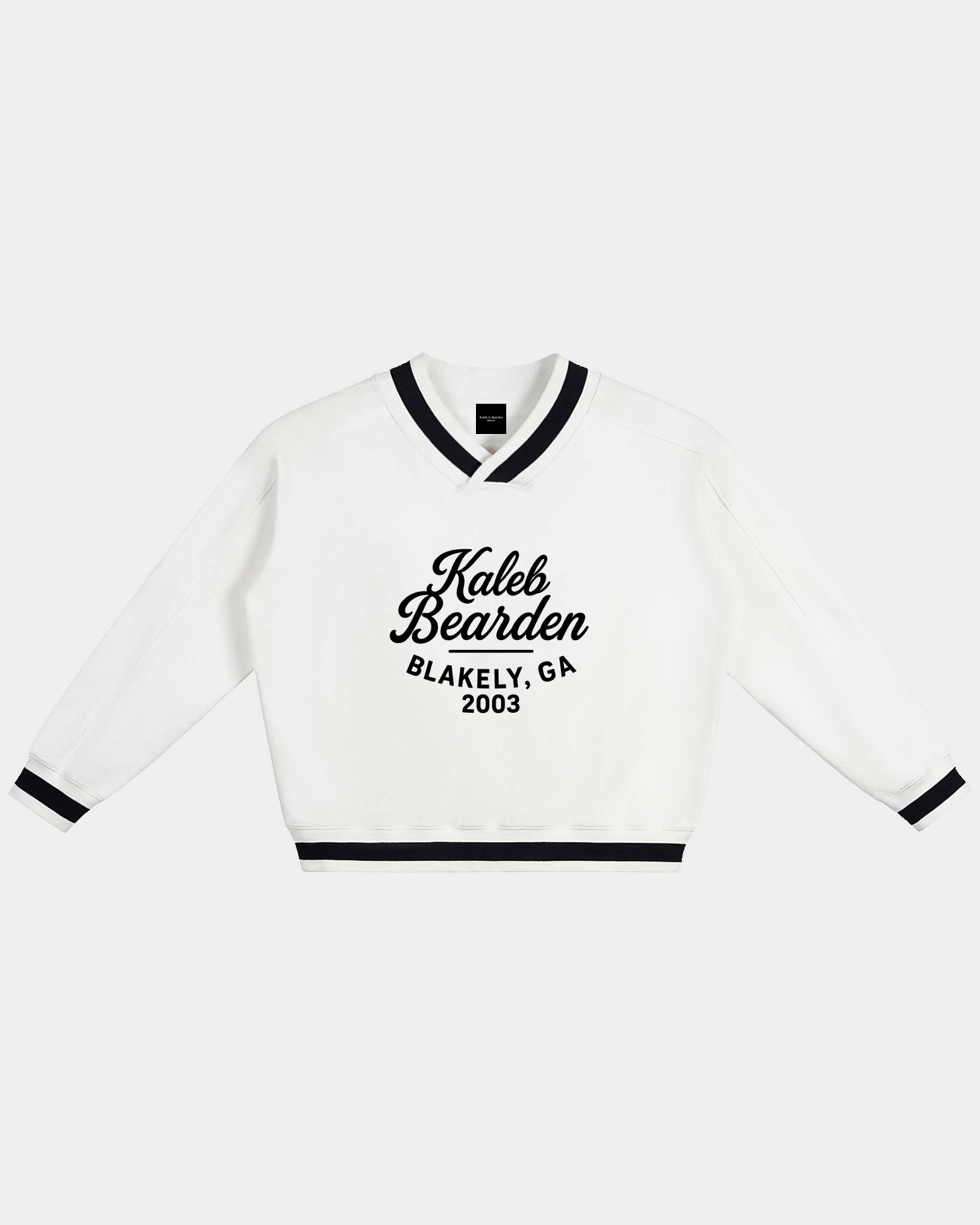 Kaleb A. Bearden Blakely GA varsity sweatshirt with striped cuffs and collar, featuring a classic athletic style and team logo.