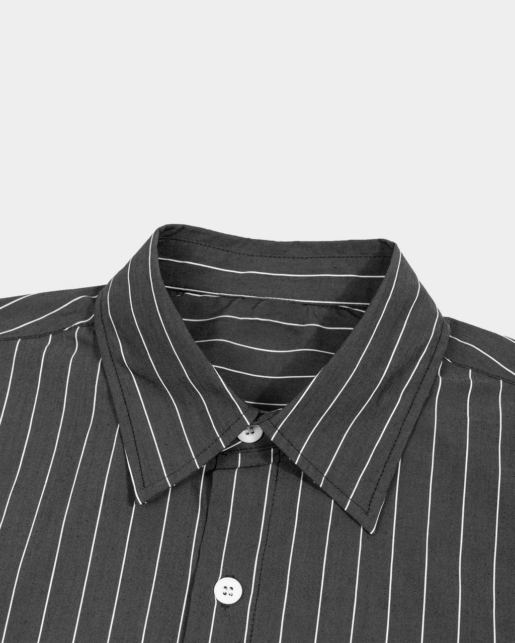 Kaleb A. Bearden pinstripe short sleeve shirt with a classic collar and button-up front, featuring thin white pinstripes on a dark fabric.
