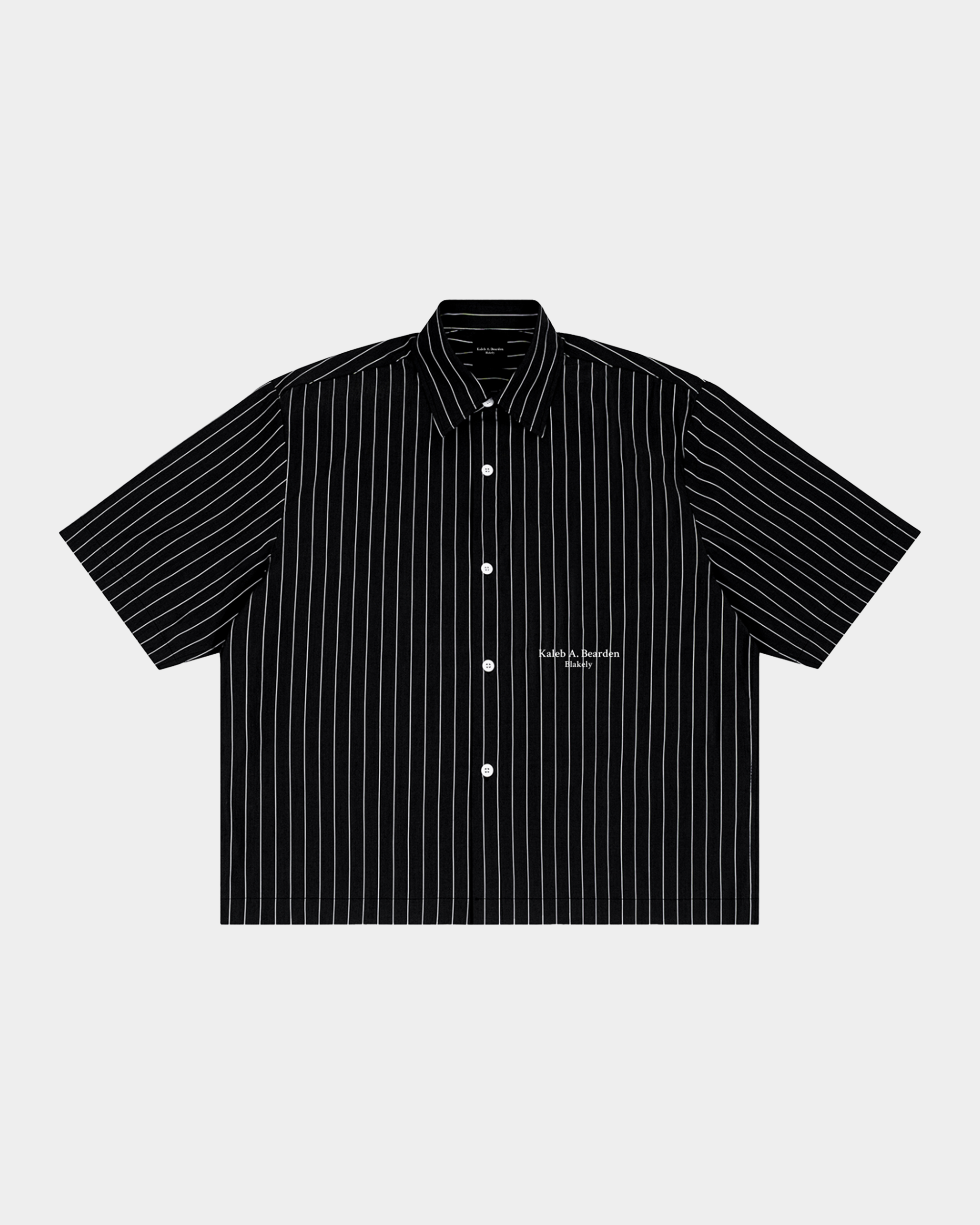 Kaleb A. Bearden pinstripe short sleeve shirt with a classic collar and button front, featuring blue and white pinstripe pattern.