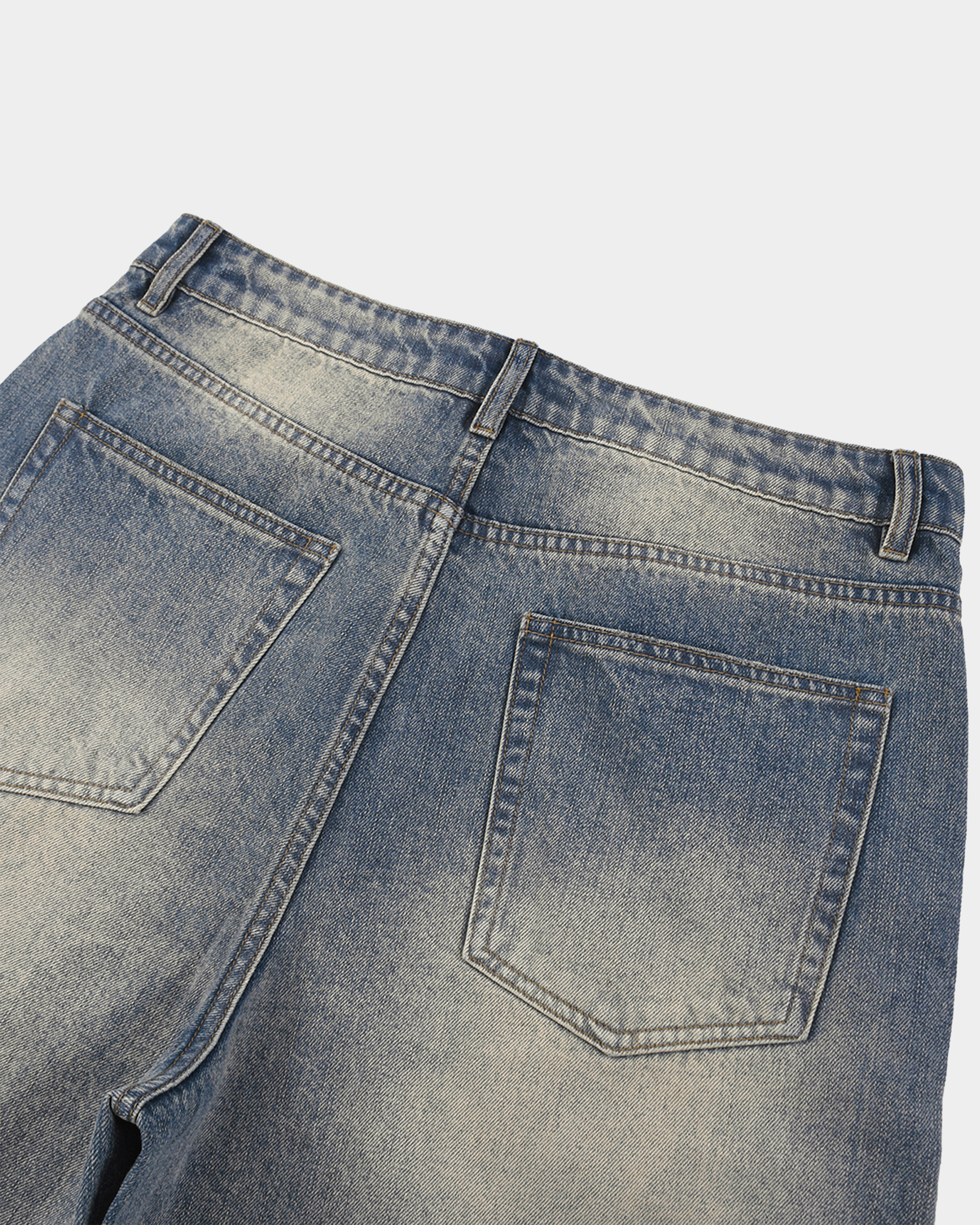 Faded baggy denim shorts by Kaleb A. Bearden featuring distressed details and a relaxed fit, displayed on a neutral background.
