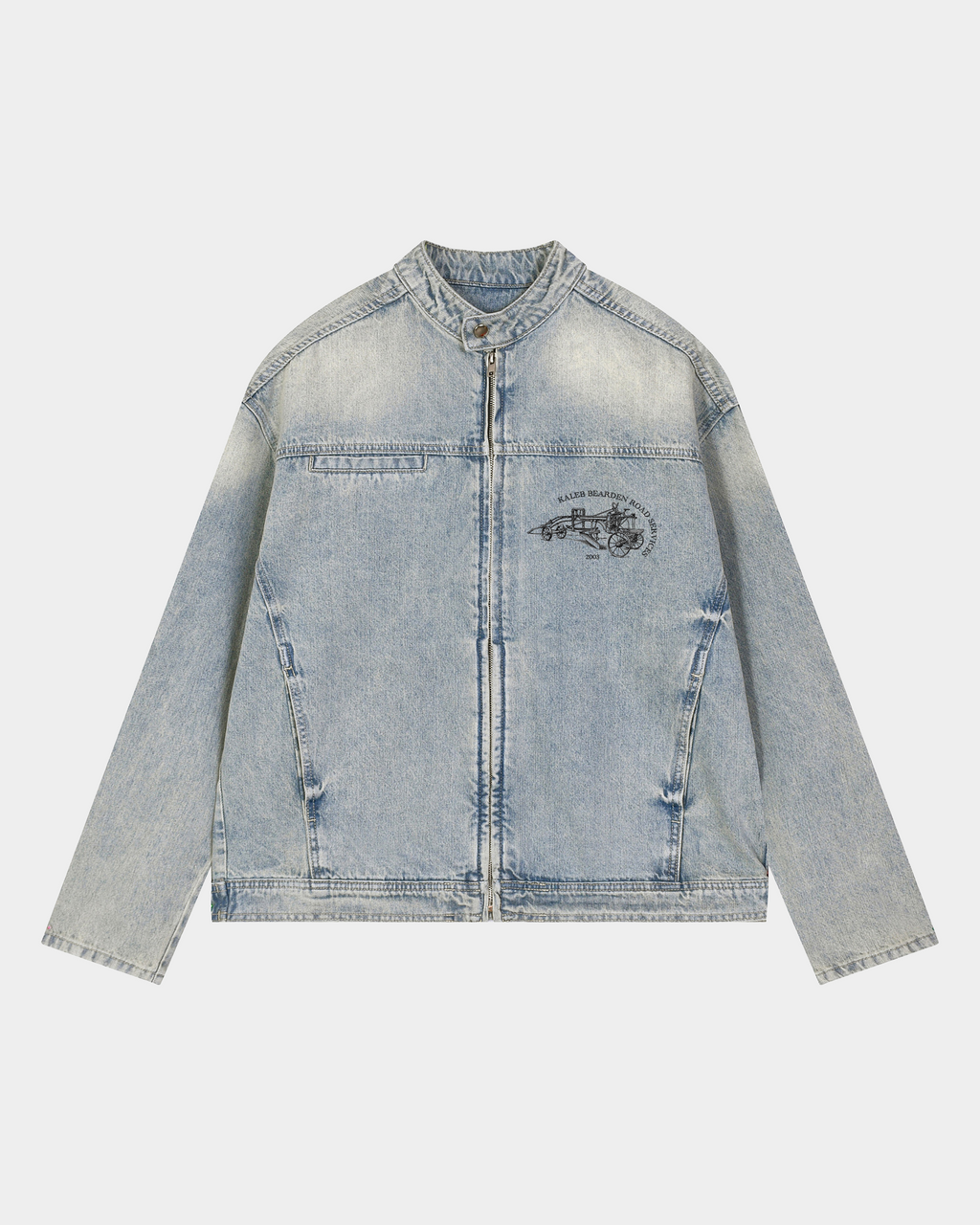 Vintage denim racing jacket by Kaleb A. Bearden, featuring classic design with racing-inspired details and a worn-in denim look.