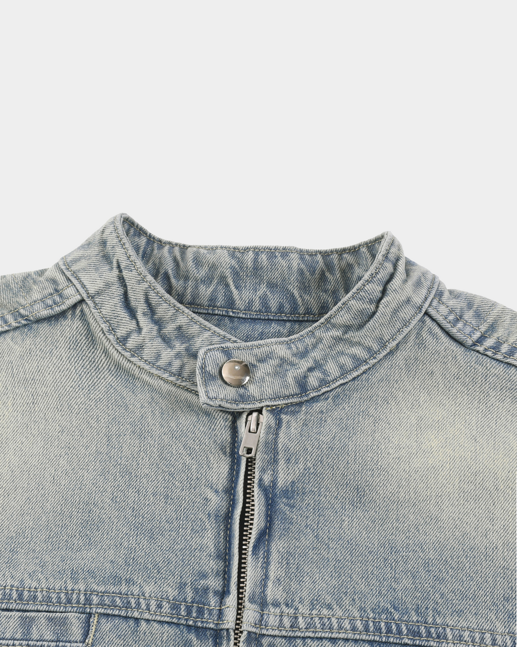 Vintage denim racing jacket by Kaleb A. Bearden, shown in a front view with classic stitching and collar details.