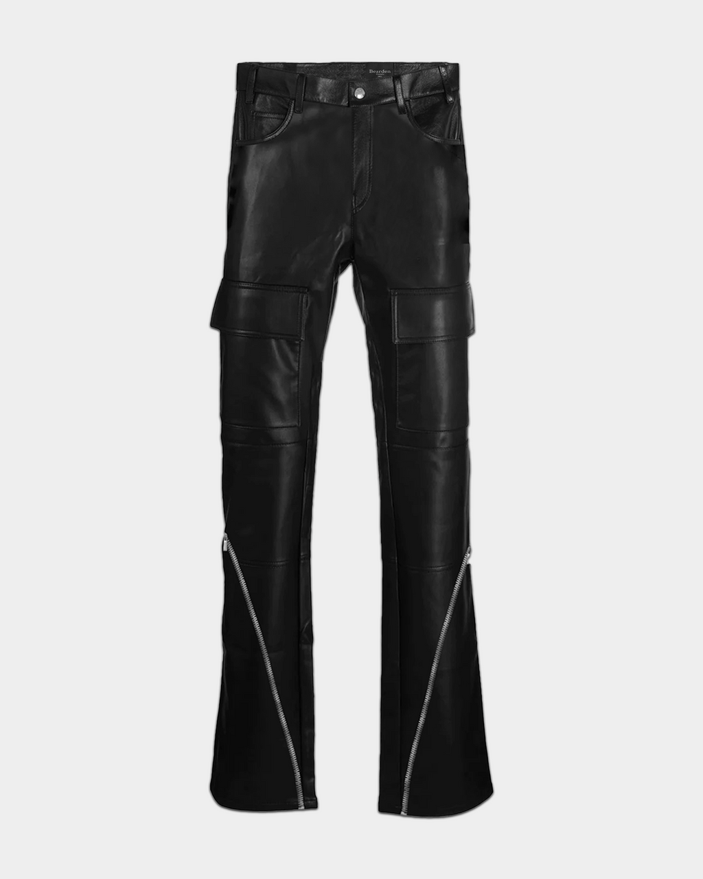 Zipped leather cargo pants by Kaleb A. Bearden featuring multiple signature details and a sleek, modern design.